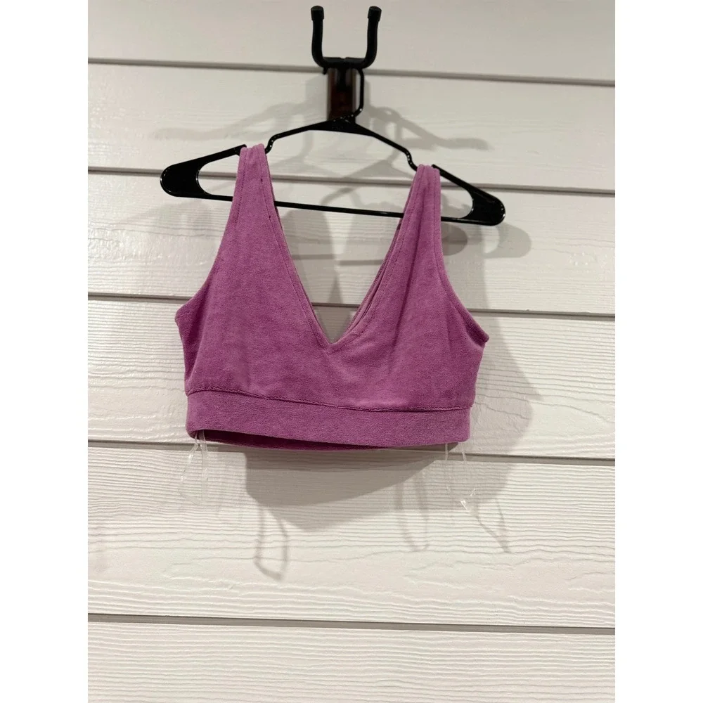 B- 036- 3 Piece Terry Cloth Lounge Set Orchid Pink Crop Top Bralette Wide Leg